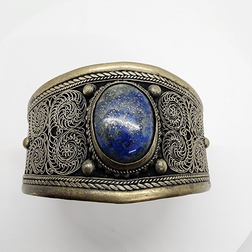 Vintage Lapis Lazuli Stone Old Brass  Decorative Cuff Bracelet - Picture 7 of 14